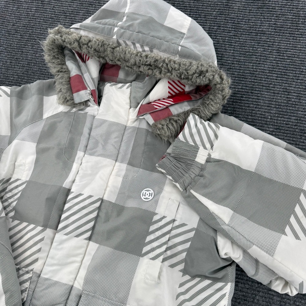 DC Shoes Mens XL Gray Red Reversible Snowboard Jacket Plaid Faux Fur Hood